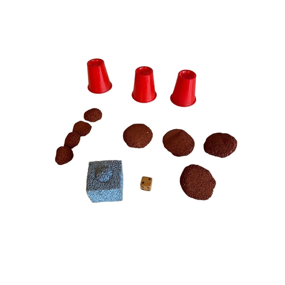 Vintage Magic Trick Cups and Balls Set Red Plastic Cups Textured Foam Balls Die